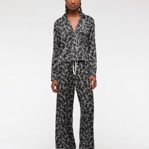 Black and White Patterned Pajama Set Satin Sleep Set Black Bow